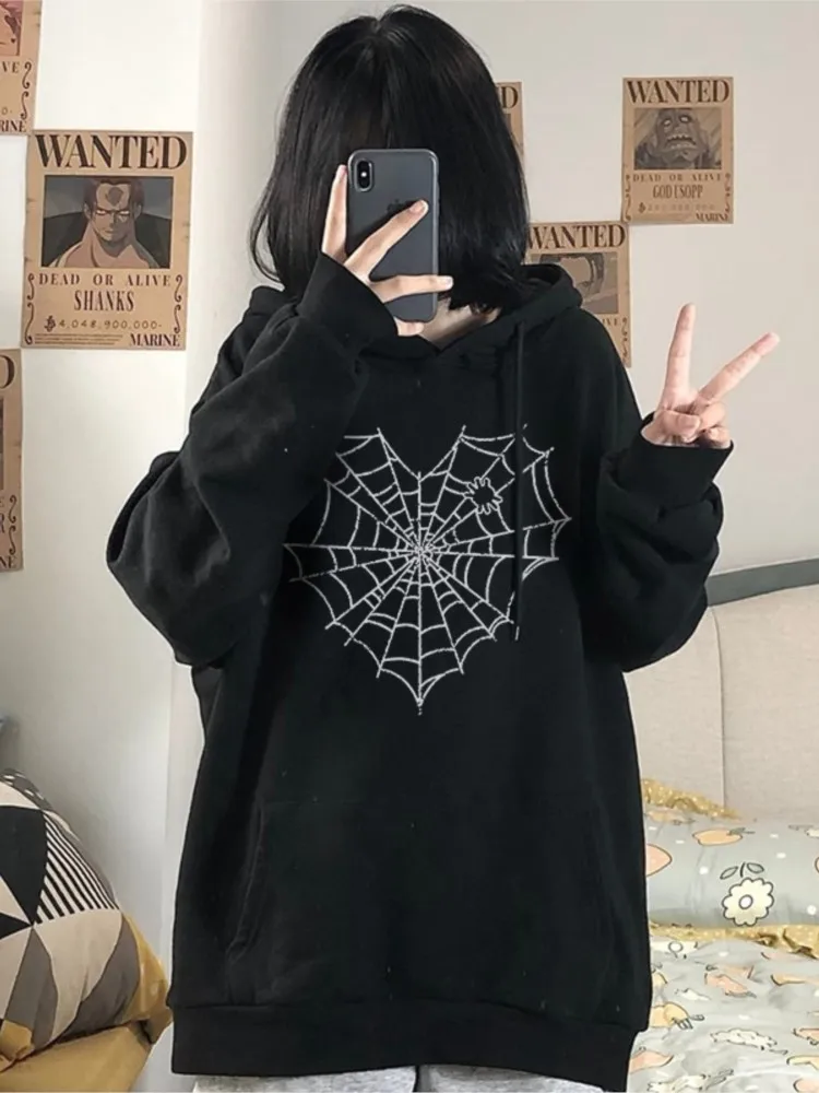 

Y2k clothing hooded grunge sweatshirt plus velvet casual streetwear Gothic spider web punk oversize winter hip hop Vintage Tops