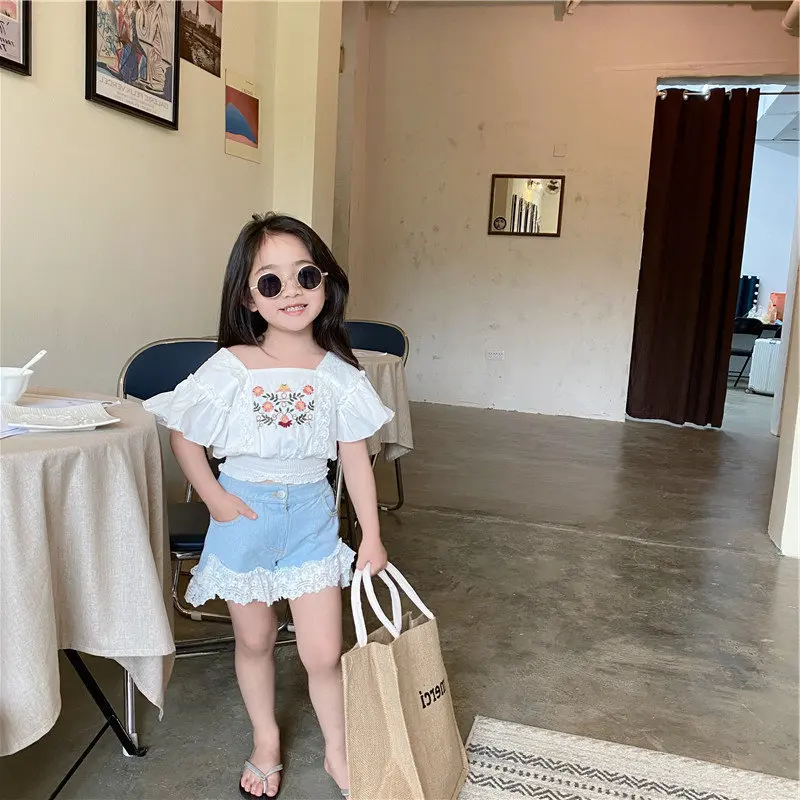 Детские комплекты для девочек Короткие топы с цветочной вышивкой и ковбойские