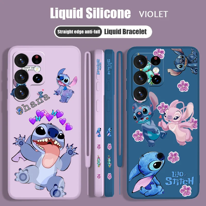 

Disney Stitch Anime Cute Phone Case For Samsung S23 S22 S21 S20 Fe S10 Note 20 10 Ultra Lite Plus Liquid Left Rope Cover