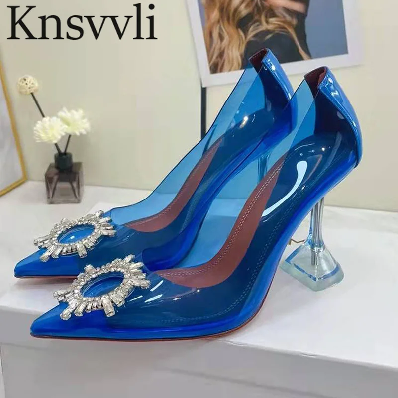

Sexy Pumps Shoes Woman PVC Style Pointy Toe High Heels Ladies Slip-On Crystal Sun Flower Blue Red Silver Party Wedding Shoes
