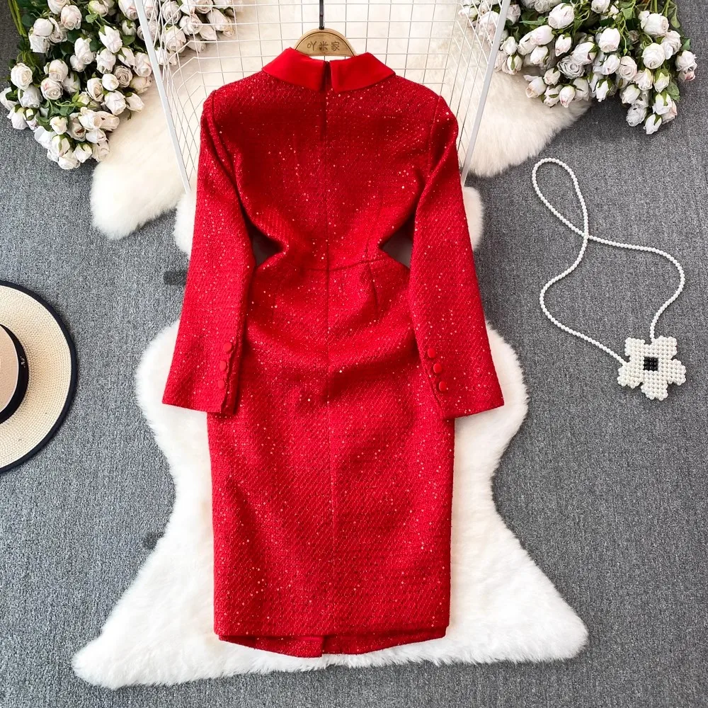 Женское двубортное платье с V-образным вырезом и длинным рукавом