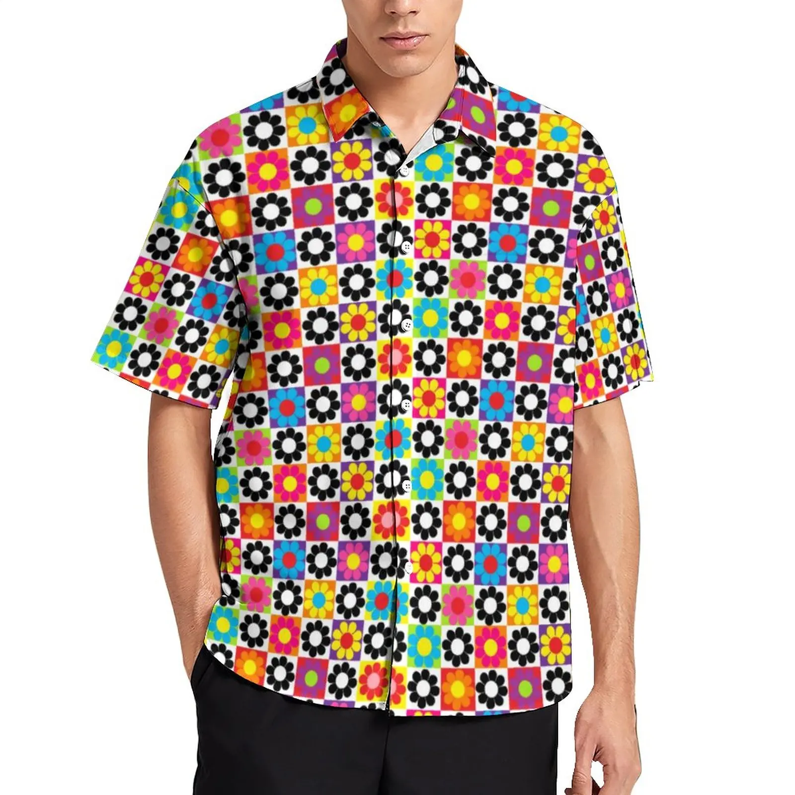 

Color Retro 60s Vacation Shirt Man Flower Power Squares Casual Shirts Short-Sleeve Graphic Street Style Oversize Blouses Gift