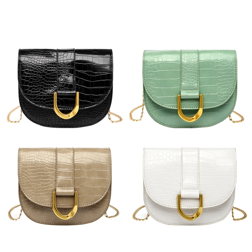

Women Saddle Shoulder Crossbody Bag Fashion PU Leather Ladies Vintage Alligator Pattern Pure Color Flap Mini Messenger Bags