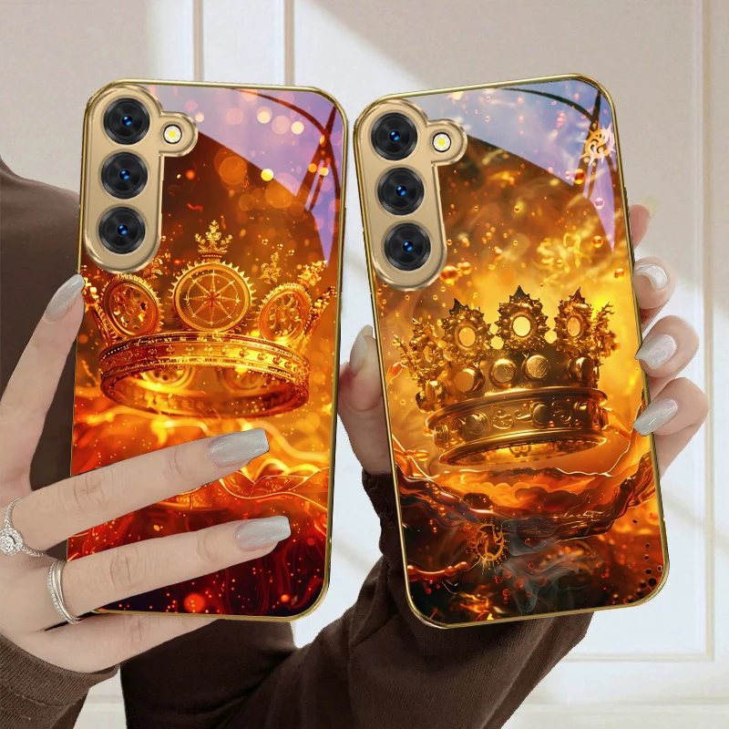 Фото Ослепительно яркий чехол-корона для Samsung Galaxy S26 S20 FE 21 22 Ultra 23 Plus 24 Ultra 25Ultra S21+ 22Plus, золотой стеклянный чехол для телефона №5