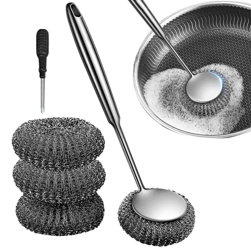 

Stainless Steel Wool Scrubber With Handle Metal Scrubbers For Cleaning Dishes Metal Scrubber Scouring Pads Ball For Pot Pan Dish