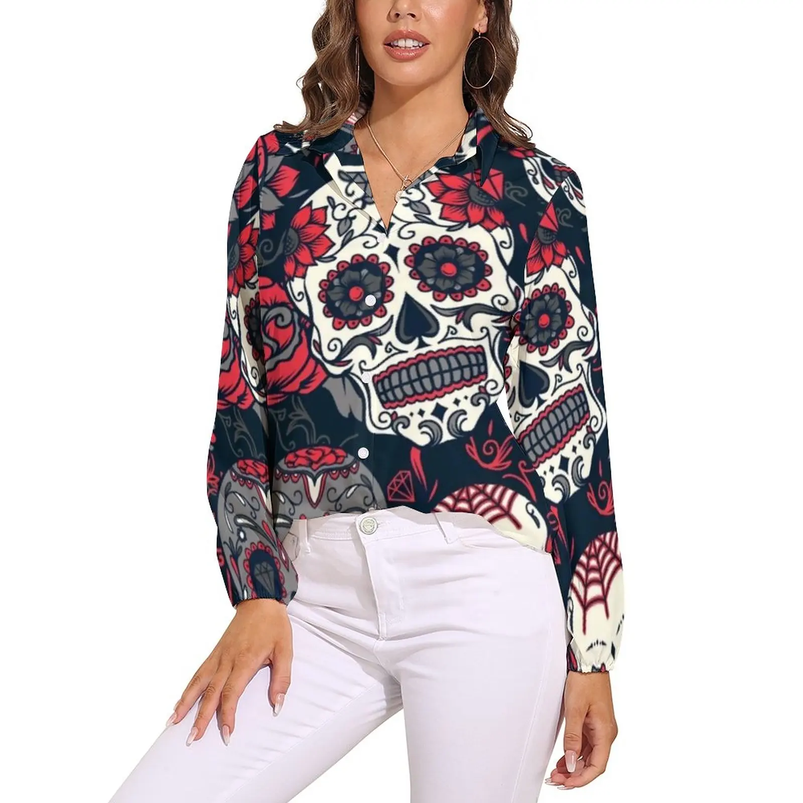 

Mexican Skull Blouse Leaf Long Sleeve Printed Party Lady Shirt Vintage Top Shirts