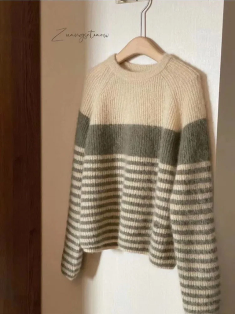 

Женские свободные свитера, Новинка осени 2022, модный винтажный трикотажный джемпер в полоску с круглым вырезом и длинным рукавом, женские пу...