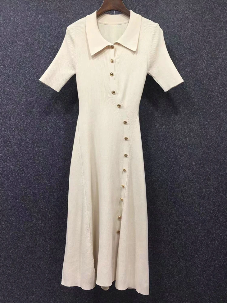 

2022 New Arrival Women Split Side Asymmetrical Button Fastening Knitted Midi Summer Dress French Pairs Fashion