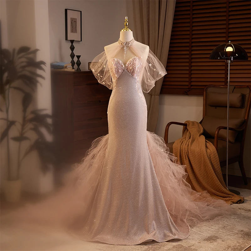 

Evening Dress High Neck Short Sleeves Sequins Mermaid Pleat Floor-Length Pink Lace Up Elegant Party Formal Dresses Woman B2805