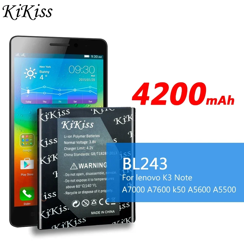 Аккумулятор для мобильного телефона KiKiss BL243 BL 243 BL-243 емкостью 4200 мАч Lenovo K3 Note K3Note