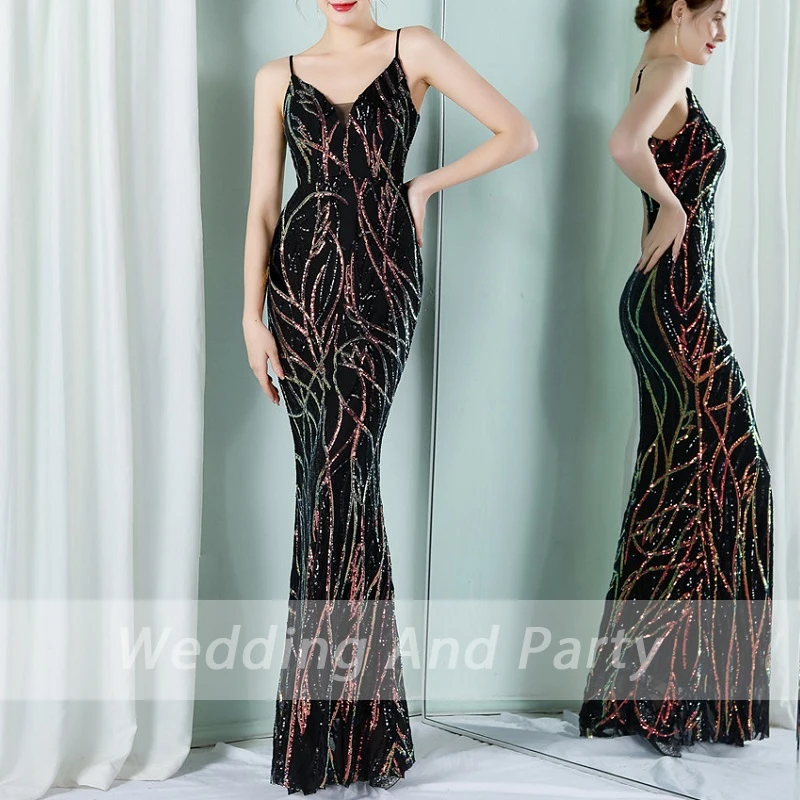 

Женское платье для свадебной вечеринки, длинное официальное вечернее платье с блестками и V-образным вырезом, элегантное платье для коктейв...