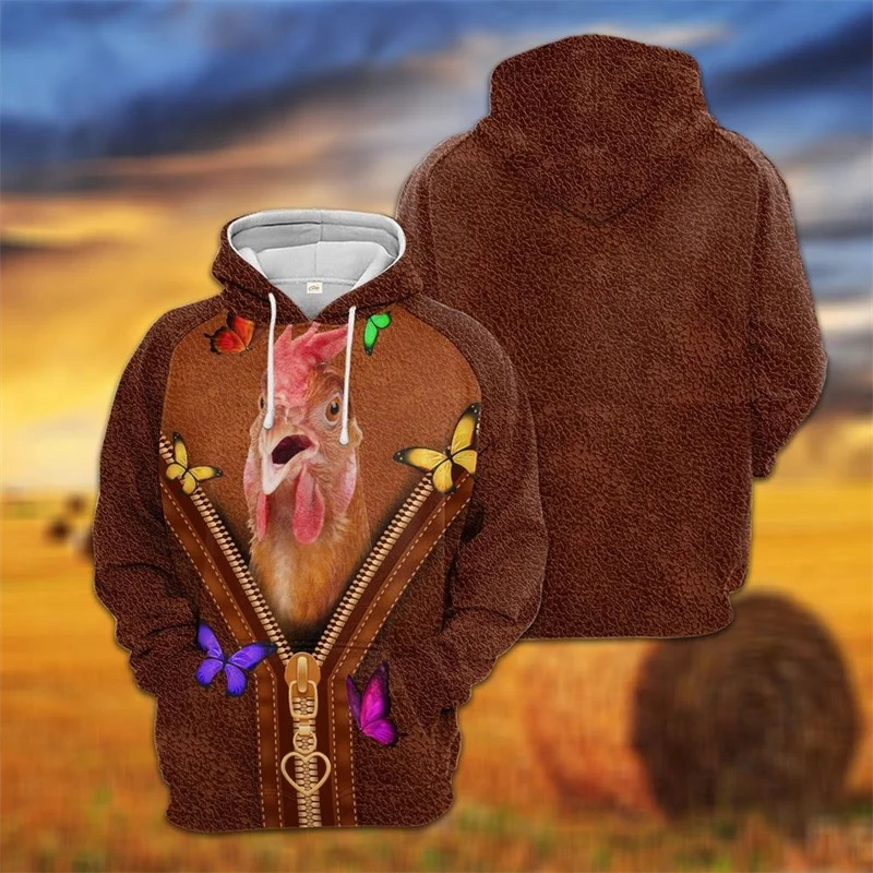 Farm Animals Cosplay Hoodie Men's Clothing Funny 3D Printed Oversized Hooded Coat Fake Zip Pattern 2025 Casual Street Hoodies