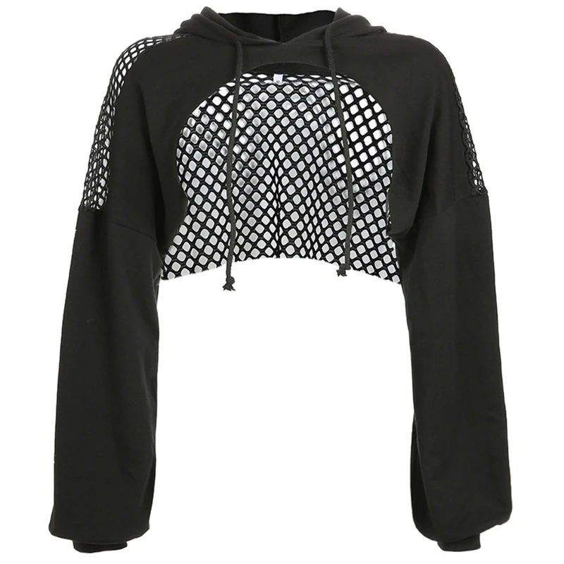 

Women Sheer Fishnet Patchwork Hoodies Mesh Contrast Long Sleeve Sweatshirt Cutout Pullover Drawstring Crop Top Cover Up