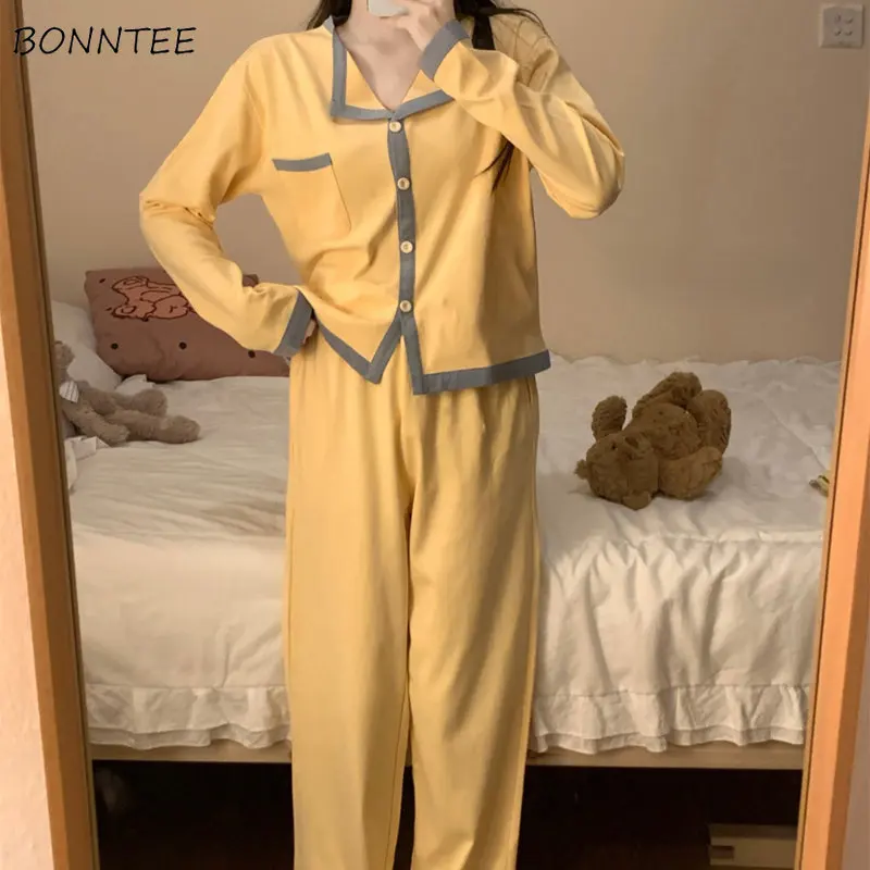 

Pajama Sets Women Autumn New Simple Pockets Home Wear Young Schoolgirls All-match Korean Style Fashion Soft Ins Students Casual