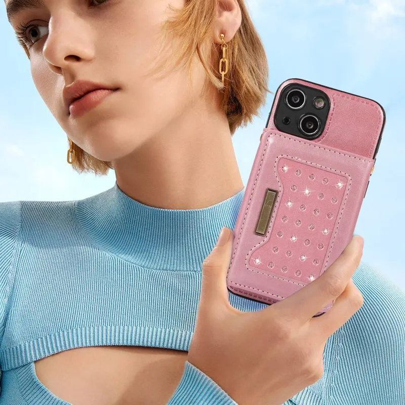 Premium PU Bling Magnetic Diamond Back Flip Cover with Crossbody Strap Wallet Credit Card Holder and Lanyard for Women, iPhone 1