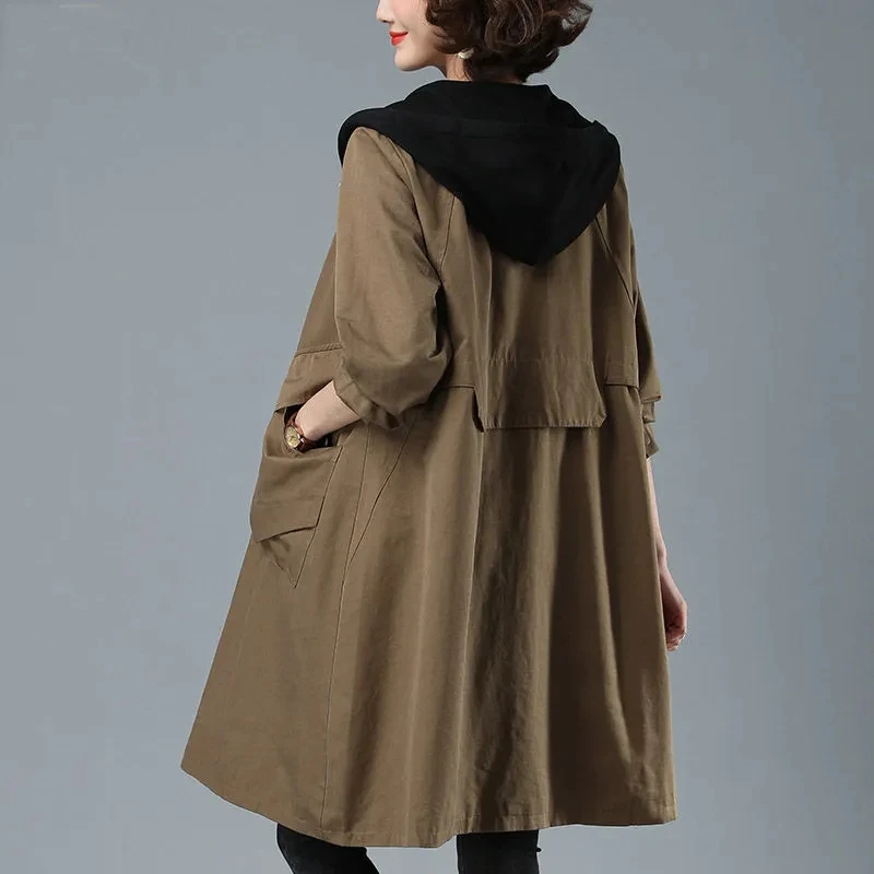 

Модная женская ветровка средней длины, Новинка осени 2023, Корейская куртка, однотонный Тренч с капюшоном, женское Свободное пальто, пальто ...