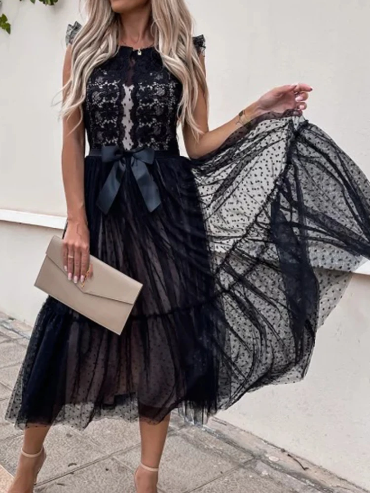 

Elegant Women Solid Lace Up Long Mesh Dress Vintage Party Evening Wedding Dress Casual Ruffles Long Sleeve Loose Waist Dress