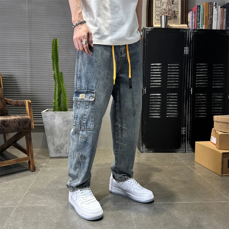 Street Fashion Men Jeans Loose Fit Retro Blue Big Pocket Casual Denim Cargo Pants Hombre Hip Hop Harem Jeans Wide Leg Trousers