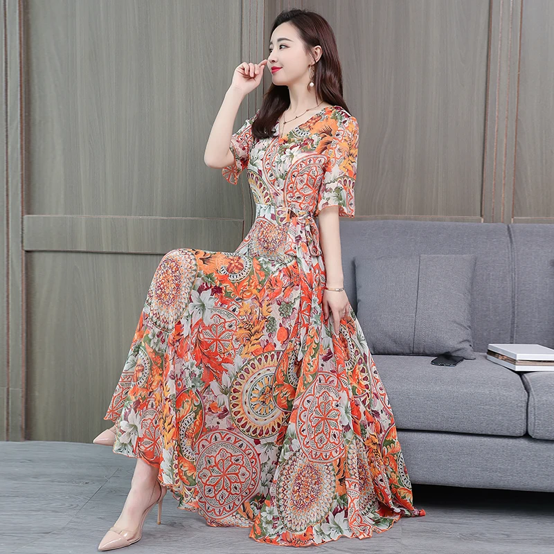 

2022 Summer Chiffon V-neck Midi Dress for Women Clothing Vintage Short Sleeve Bodycon Long Dress Fashion Evening Party Vestidos