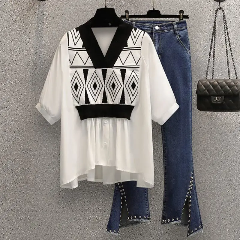 

Free Shipping New Spring Summer Women Fake Dress Two Shirts Loose Fashion Design Sense Versatile Jeans Suit