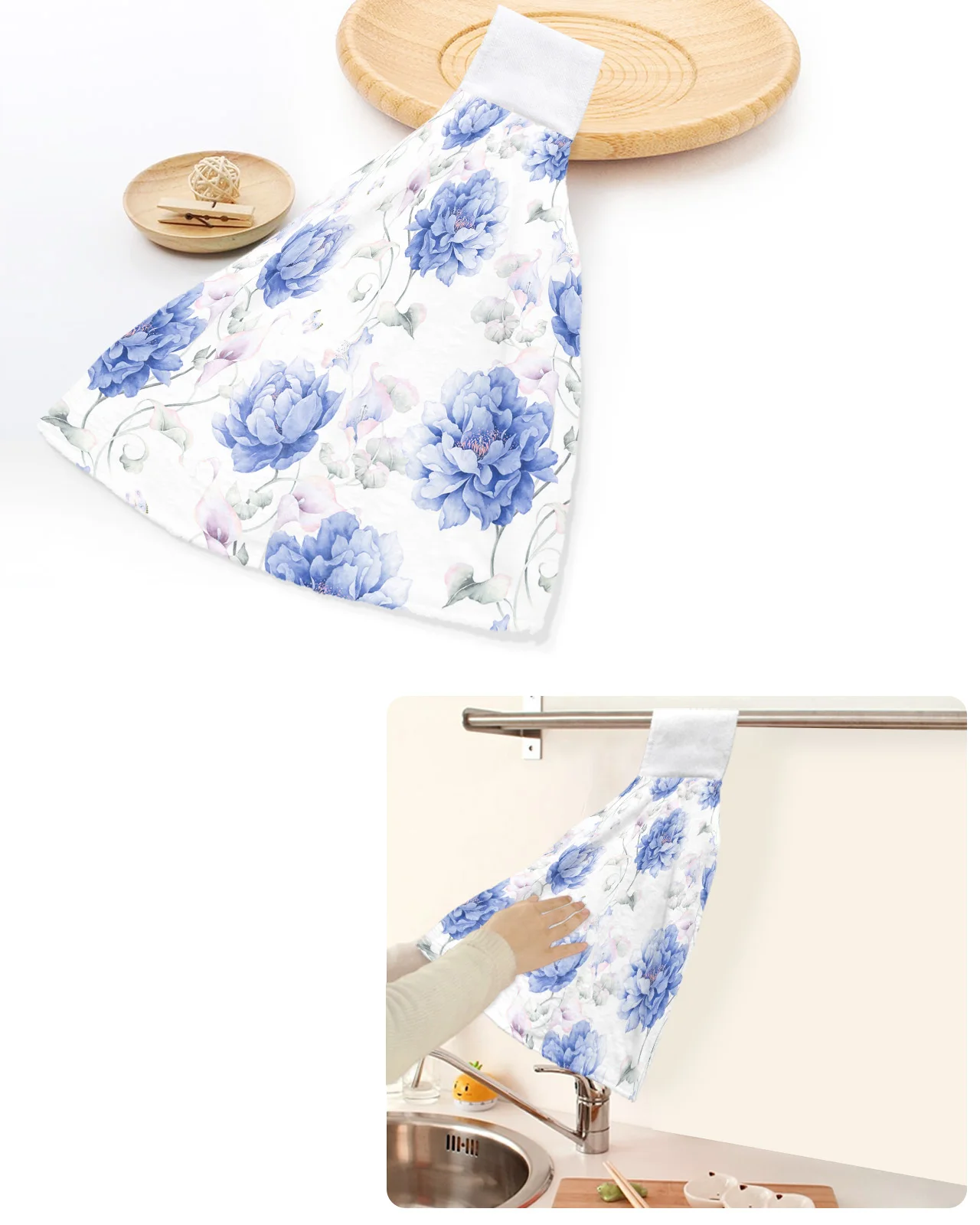 

Blue Watercolor Flowers Retro White Hand Towels Home Kitchen Bathroom Hanging Dishcloths Loops Soft Absorbent Custom Wipe Towel