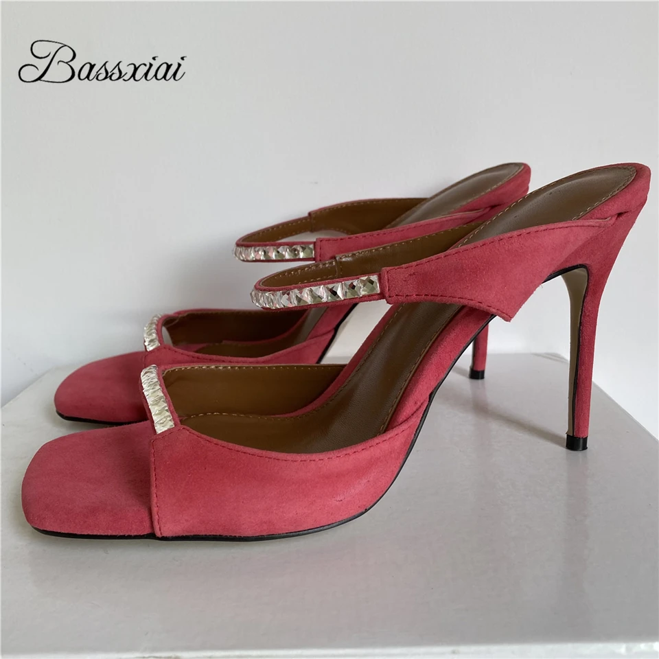 

Crystal Diamond One-Strap Sandals Women Square Open Toe 10cm Thin High Heels Luxury Suede Slingbacks Lazyman Mules Lady