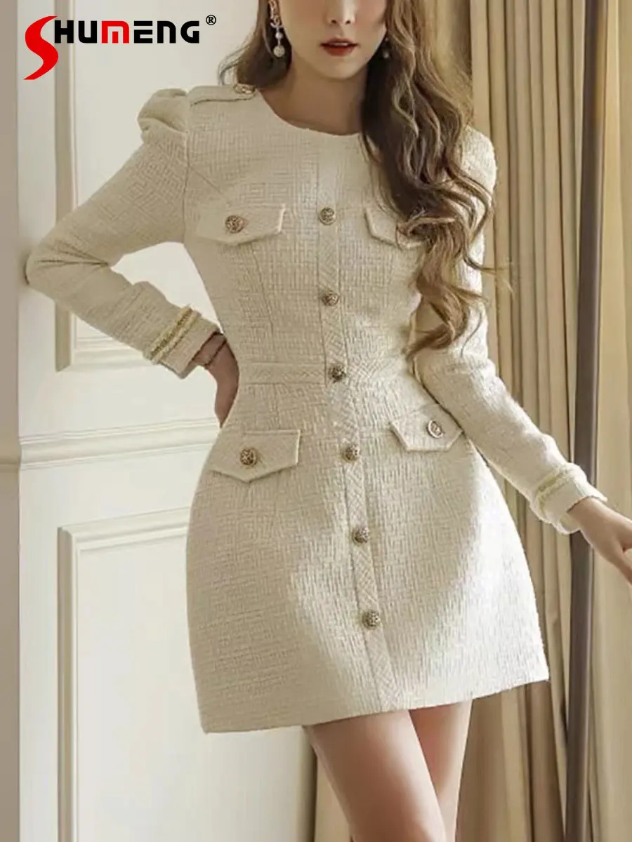 Fall 2022 Women's Fashion Classic Style Round Neck Chic Above Knee Dress Ladies Elegant Simple Slim Fit Slimming Tweed Dress