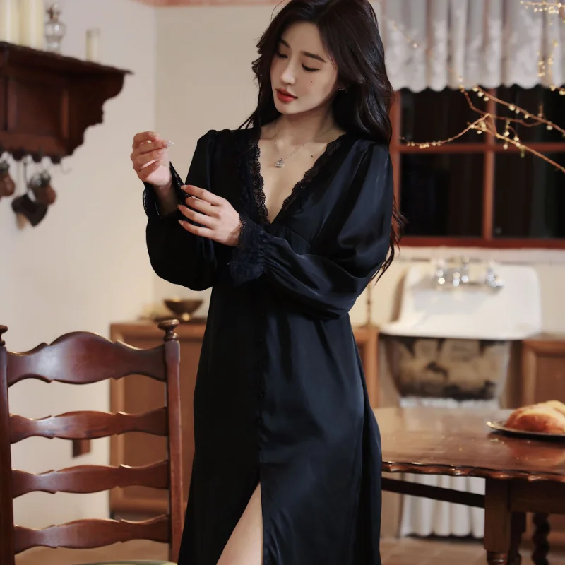 Ice Silk Pajamas Dress Lace Sexy Long Vintage Nightdress Snow Silk Long Skirt Sleepwear The Sexy Clothes for Sleep Nightgown