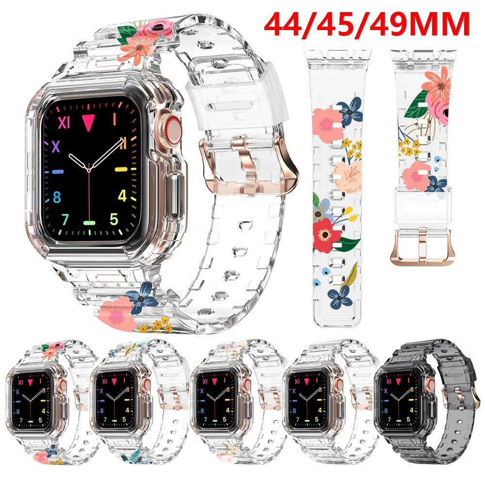 

Прозрачный ремешок для Apple Watch Ultra 8 7 6 5 4 SE, спортивный прозрачный браслет для iWatch, защитный бампер 49 мм 45 мм 44 мм