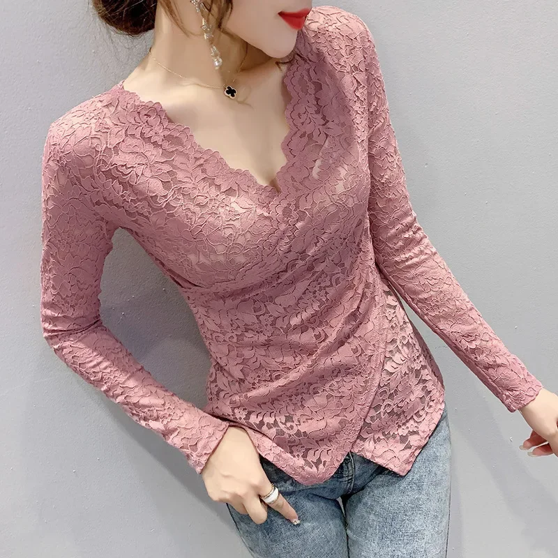 Сплошной цвет с длинным рукавом в европейском стиле сексуальный кружевной топ