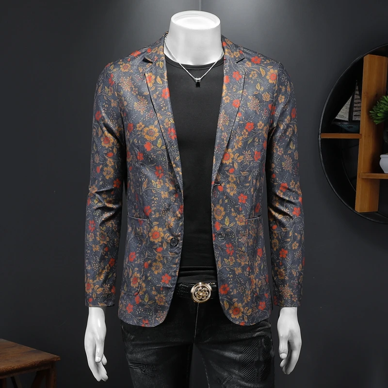 Винтажные повседневные мужские пиджаки с цветочным принтом однобортные тонкие