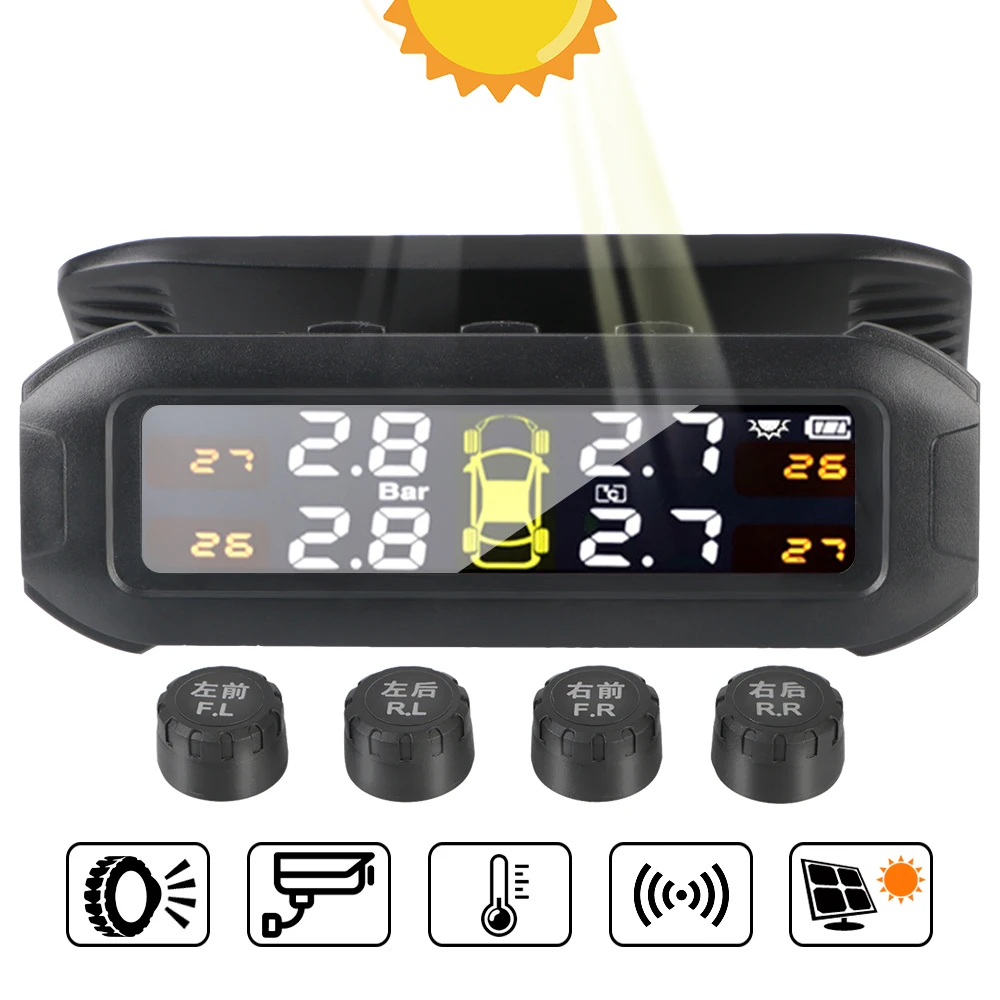 Tire Pressure Monitoring System With 4 External Sensors Solar TPMS Car Tyre Pressure Sensor Temperature Warning Fuel Save