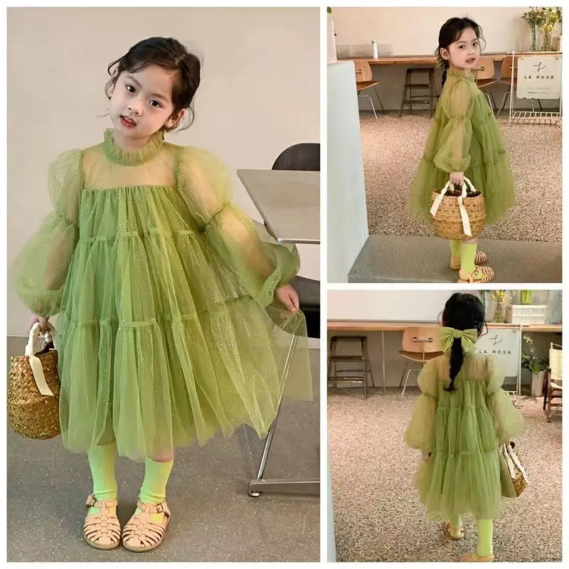 

Sweet Korean Baby Girls Clothes Summer Puff Sleeve Lace Dress Solid Mesh Elegant Princess Dresses for Kids Clothes Vestidos