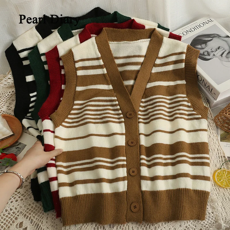 

Pearl Diary Women Sleeveless Knitting Top Loose V-Neck Single-Breasted Tops Autumn Retro Assorted Colors Striped Cardigan Waistc