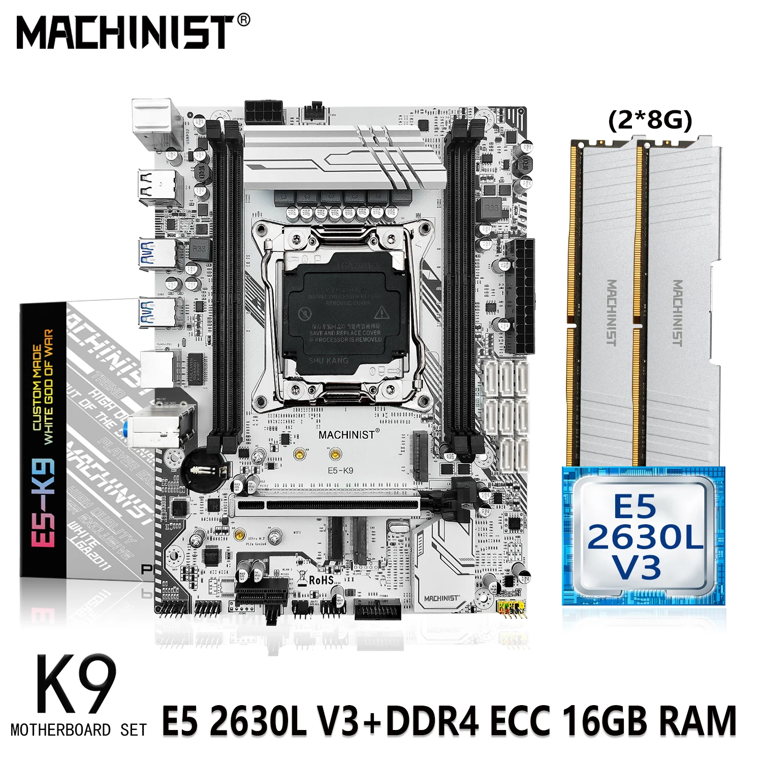 

MACHINIST X99 K9 Kit Motherboard With Kit Xeon E5 2630L V3 CPU Processor 16GB(2*8GB) DDR4 ECC REG Memory LGA 2011-3 Set SDD M.2