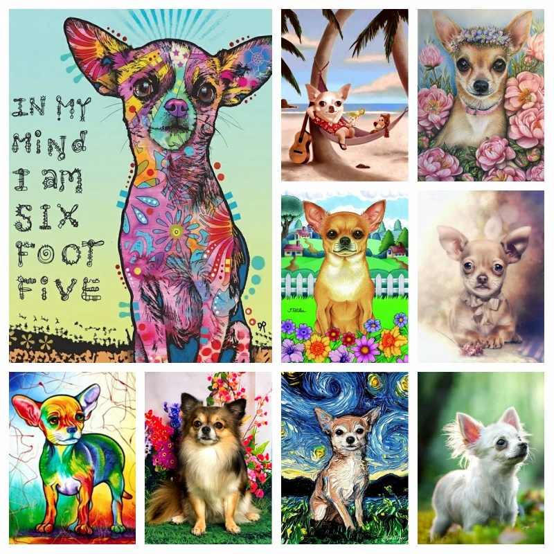 

Colorful Chihuahua Pet Dog Diamond Mosaic Painting AB Drills Cute Puppy With Flowers Diy Gift Cross Stitch Pattern Home Decor