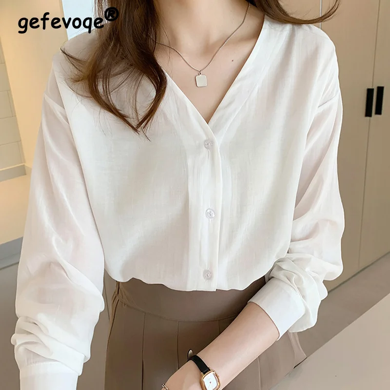 2022 Spring Summer Women's Vintage Simple Style V-neck Long Sleeve White Button Shirt Fashion Office Lady Loose Thin Blouse Tops