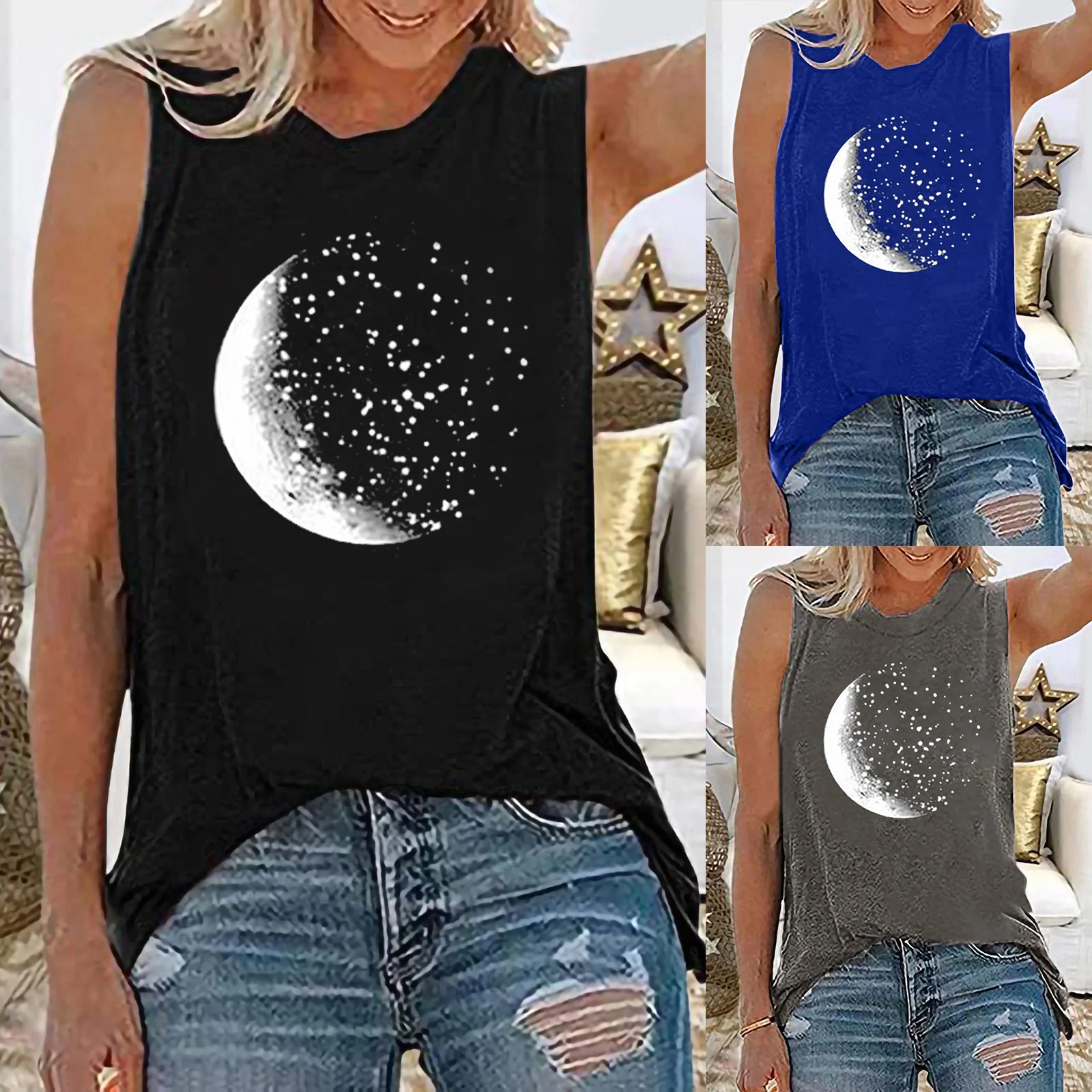 

Moon Print Funny Women T-shirt Sleeveless Vintage Summer Tee Shirt Femme Harajuku Shirt for Women Summer Tops Clothes harajuku
