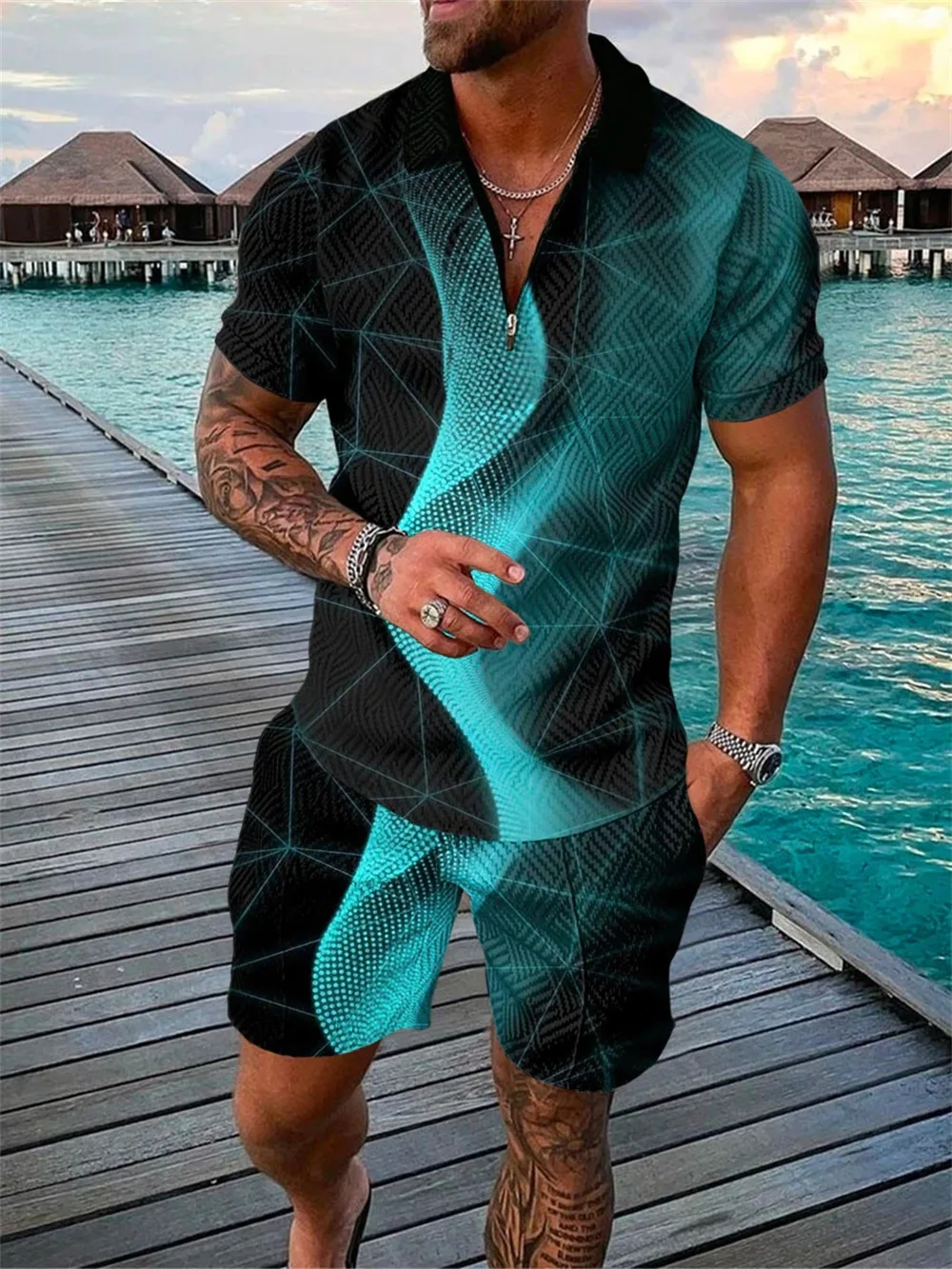Men's Casual Polo Suit Luxury Printed Lapel Zipper Short Sleeve POLO Shirt + Drawstring Shorts 2-Piece Summer Fashion Party Wear