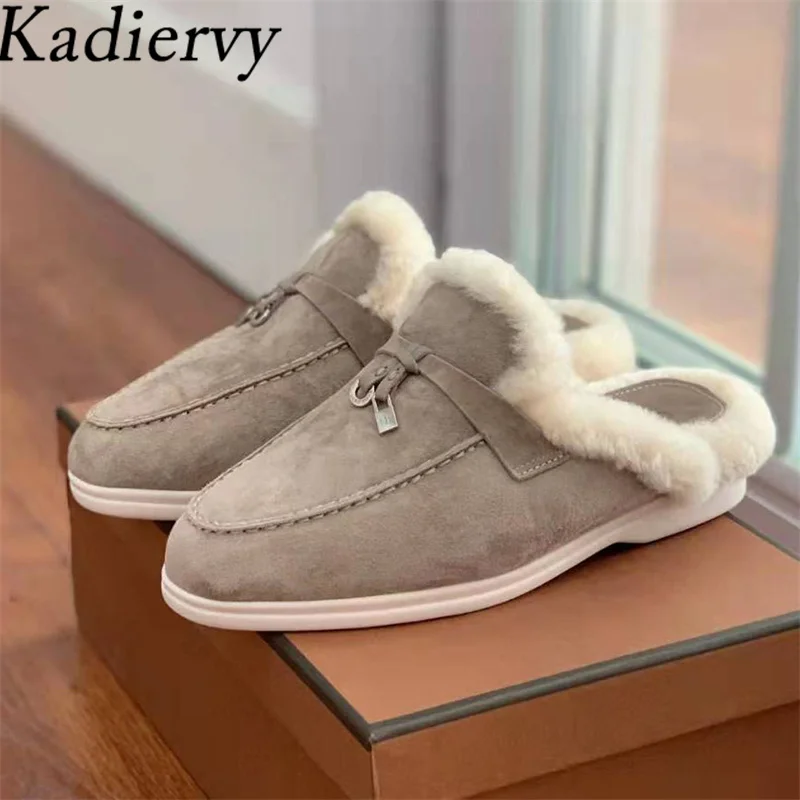 

Мюли женские зимние шерстяные, теплые, металлический замок, плоская подошва, повседневные замшевые, для прогулок, полутапочки, Размеры 35-42