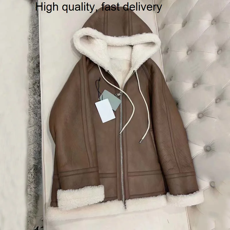 

Coat With Women Hooded New Fashion Natural Real Sheep Fur Jacket Regular Length Soft Leather Thick Warm High Quality