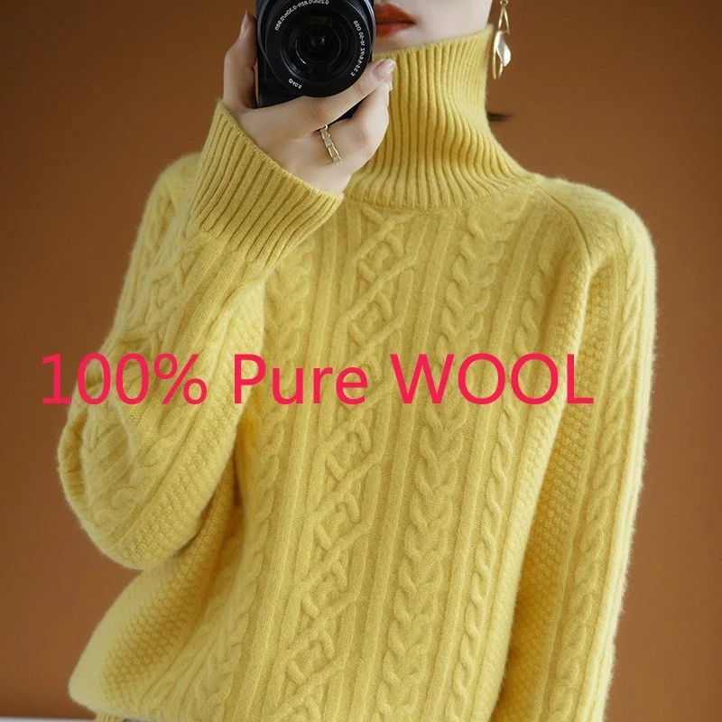 

New High Quality Winter Wool Sweater Women Thickened Pullover Twist Flower Lazy Wind Casual Computer Knitted Turtleneck Size 2XL