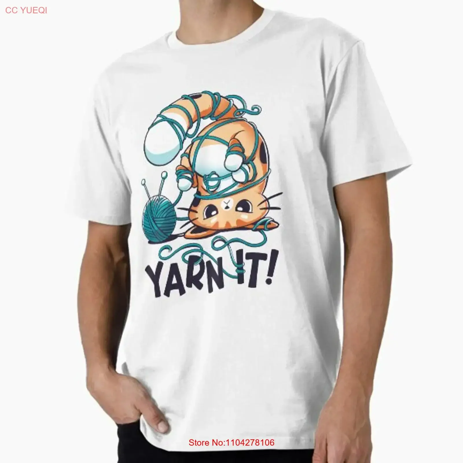 Фото Мужская футболка Yarn It Cute Silly Cat Premium, сделано в США, размеры S-5XL, винтажная, мягкая, стильная, дизайнерская одежда, эластичная, повседневная. №1