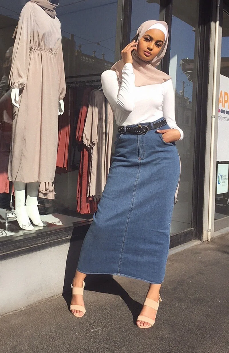 Denim Dubai Long Pencil Skirt Muslim Women's Hijab Turkish Islamic Clothing High Waist Arab Tight Skirt Caftan Marocain Kaftan