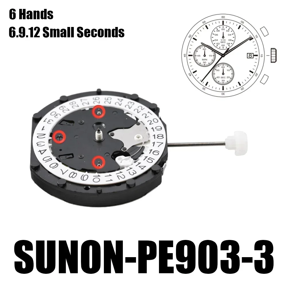 Механизм PE903 sunon Китай Ligne Quartz Три стрелки с 3 глазами и датой Маленький хронограф