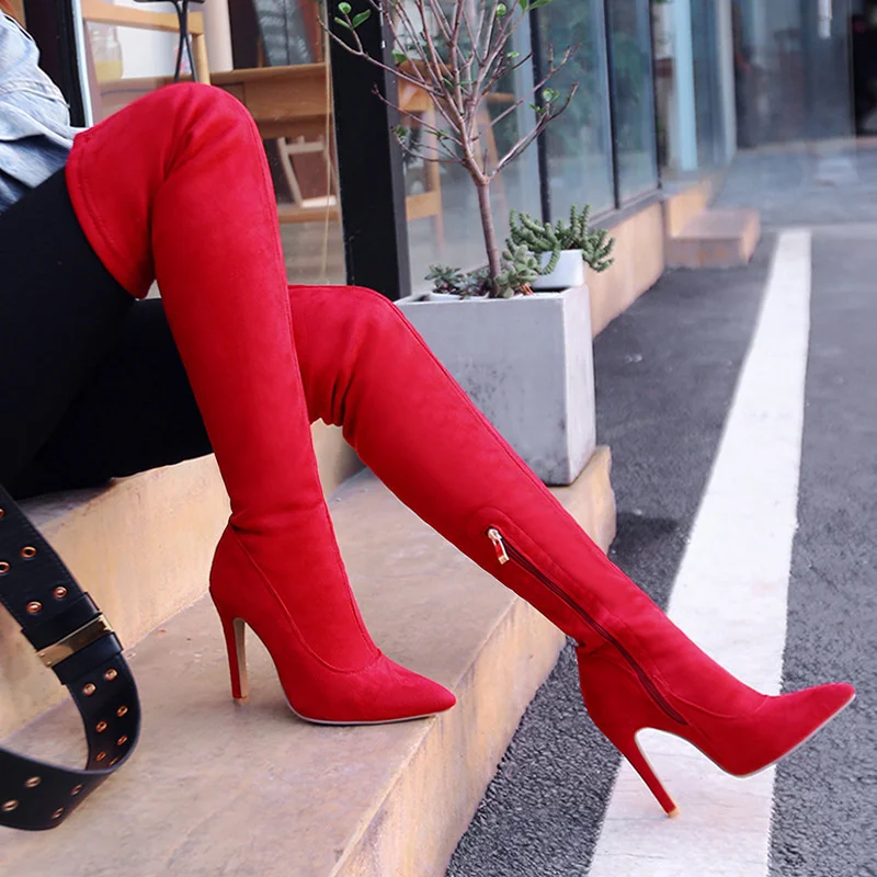 

Winter New 2022 Sexy High Heels Faux Suede Over The Knee Boots Women Fashion Pointed Toe Stretch Long Boots Red Show Shoes