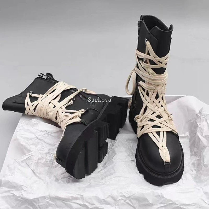 

Lace Up Knight Boots Women's Fashion Winter New Thick-Soled Mid-Tube Motorcycle Boots Side Zipper Booster Mid-Calf Chelsea Boots