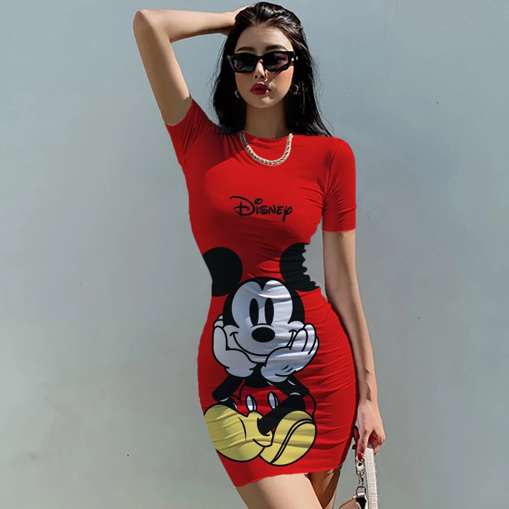 2022 summer women's new Korean temperament Disney Minnie Mickey Mouse short-sleeved waist tight sexy bag hip Mini dress