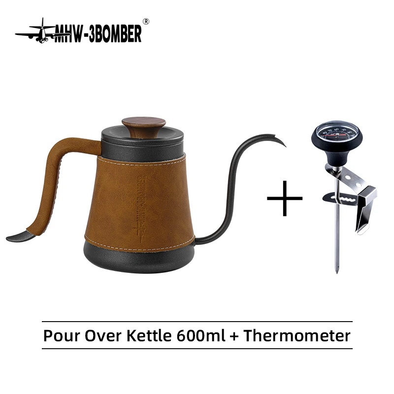 Vintage Stainless Steel Coffee kettle Portable Pour Over Coffee Pot and Thermometer Set Elegant Espresso Brewing Tool Accessorie