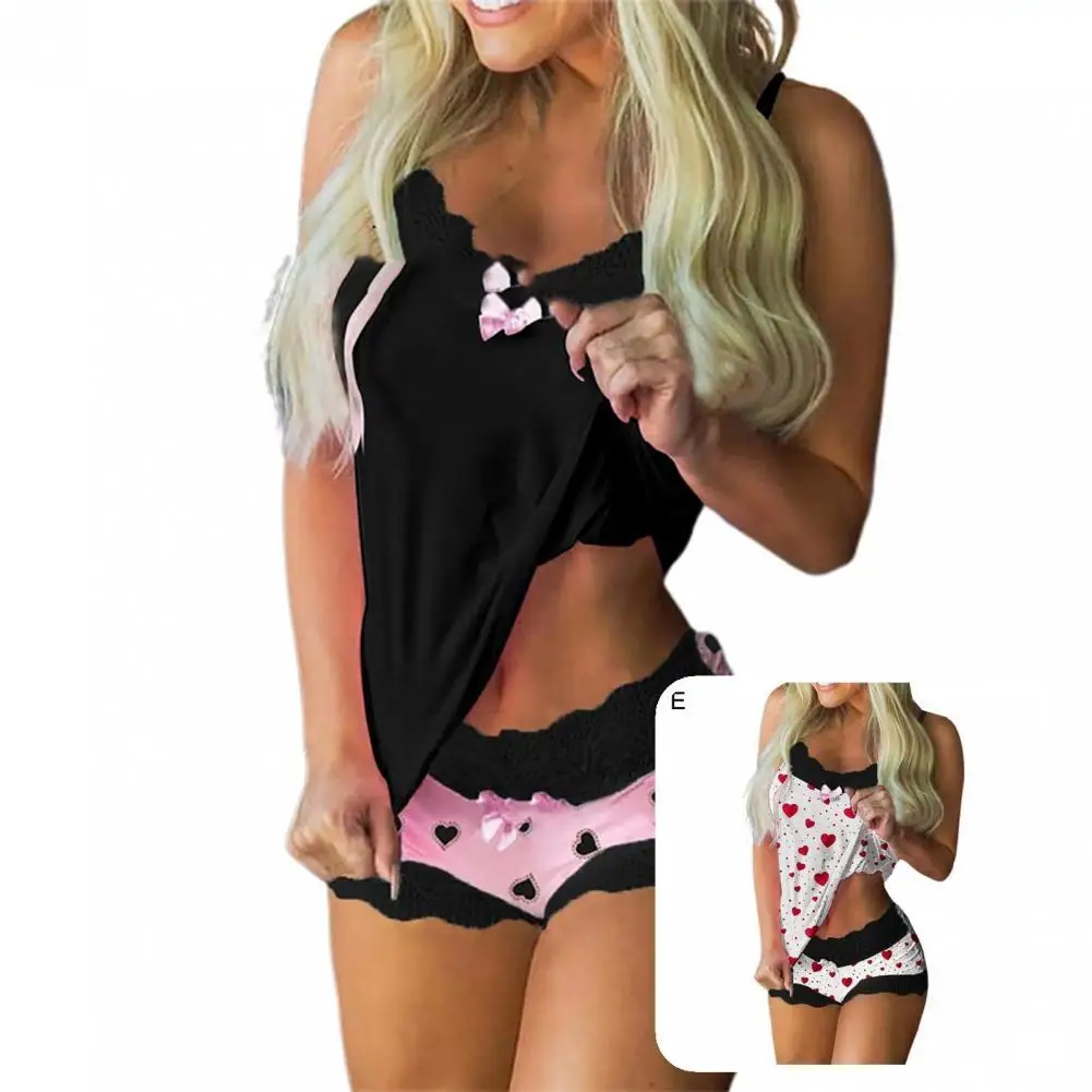 

1 Set Popular Nightwear Set Spaghetti Strap Women Pajama Set Off Shoulder Adjustable Sleepwear Set